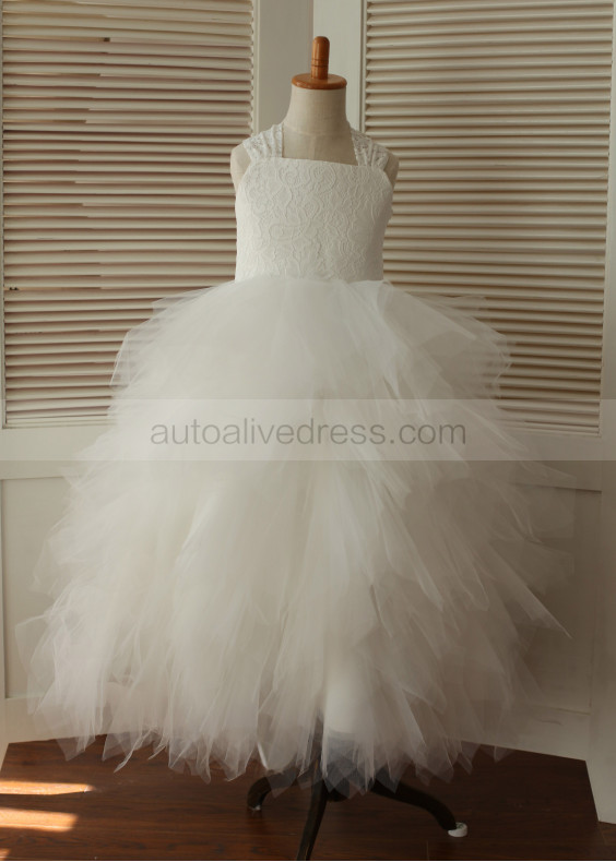 Ivory Lace Tulle Cross Back Tea Length Flower Girl Dress